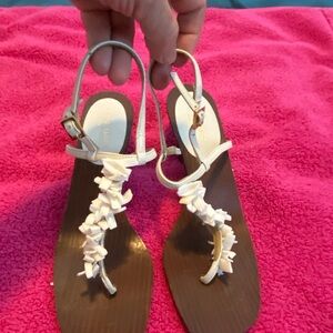Kate Spade White and Brown Sandals with Beaded T-Strap. Sturdy wooden heel